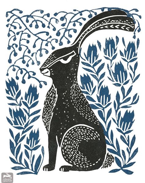 Hare Illustration Woodcut Block Print Linocut Folk Art