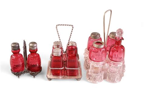 3 Victorian Glass Cranberry Cruet And Shaker Sets Redlands Antique Auction