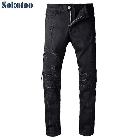 Sokotoo Men S Black Pleated Ripped Biker Jeans Casual Patchwork Slim