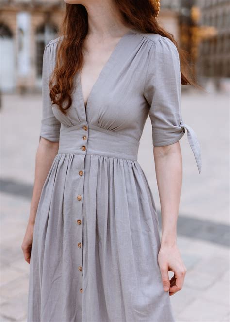 Linen Dress Deep V Neck Linen Party Dress Linen Midi Dress Button