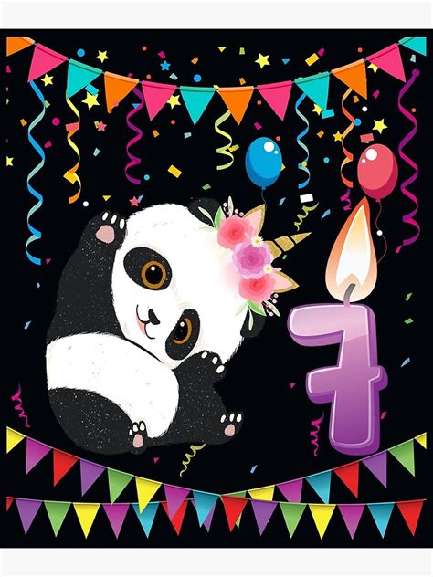 Póster Niños 7 años de edad 7mo cumpleaños Panda Unicornio Regalos