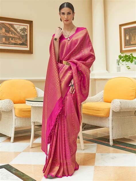 Buy Mitera Pink Gold Toned Woven Design Zari Silk Blend Kanjeevaram