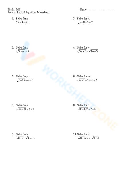 Solving Radical Equations Worksheet Worksheet