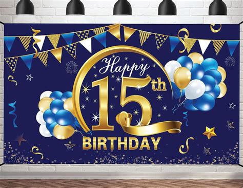 15th Birthday Banner Backdrop Decorations Girl and Boy Blue and Gold ...