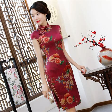 Buy Burgundy Female Classic Qipao Satin Slim Tight Cheongsam Mandarin Collar