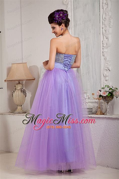 Lavender A Line Princess Strapless Floor Length Tulle Beading Prom