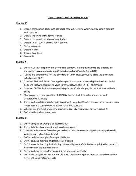 Exam Review Chapters Exam Review Sheet Chapters