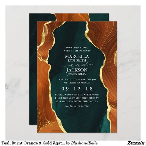 Teal Burnt Orange And Gold Agate Wedding Invitation Zazzle Orange