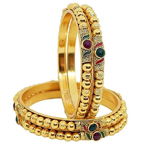 Buy NAVMAV Golden Kada Bangle Churi Kangan Set With Red Green Stone