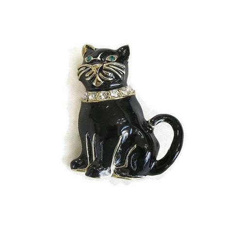 Black Enamel Kitty Cat Brooch Vintage Signed Monet With Etsy Cat