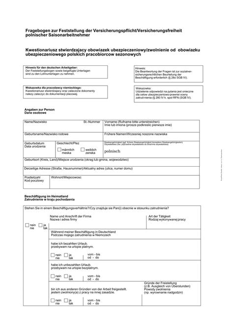 Fragebogen Zur Festst Der Versicherungspflicht Spargel Insel