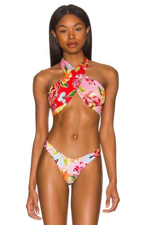 Agua Bendita X Revolve Nola Bikini Top In Pink Red Blossom In Pink