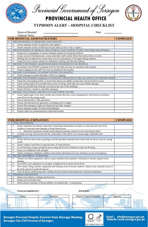 2022 10 Typhoon Checklist - TYPHOON ALERT – HOSPITAL CHECKLIST Name of ...