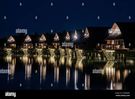 Overwater bungalows at the Fiji Marriott Resort Momi Bay at night, Momi ...