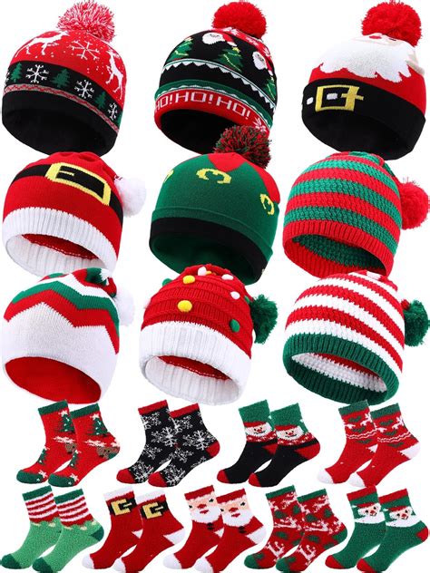 Suhine 18 Pcs Christmas Knitted Hats And Socks Set 9 Pcs Christmas Elf