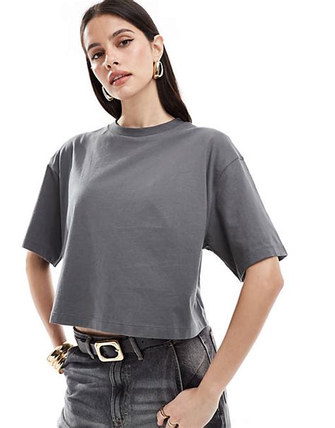 Asos Design Boxy Cropped T Shirt In Washed Charcoal Asos