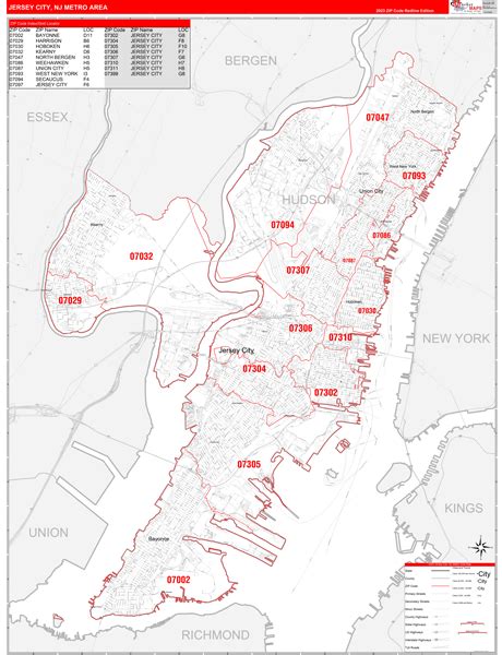 Jersey City Nj Metro Area Zip Code Wall Map Red Line Style By