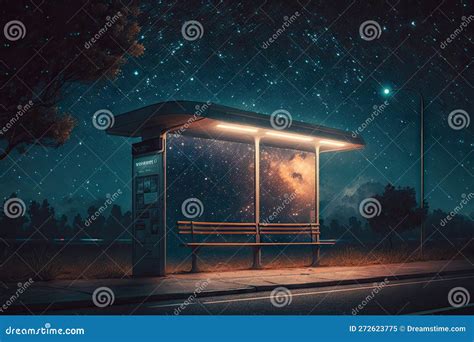 Nighttime Bus Stop, with the Glow of City Lights and Starry Sky Above Stock Illustration ...