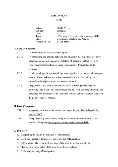 (DOC) LESSON PLAN ABOUT THE SONG LYRIC for 9th grade