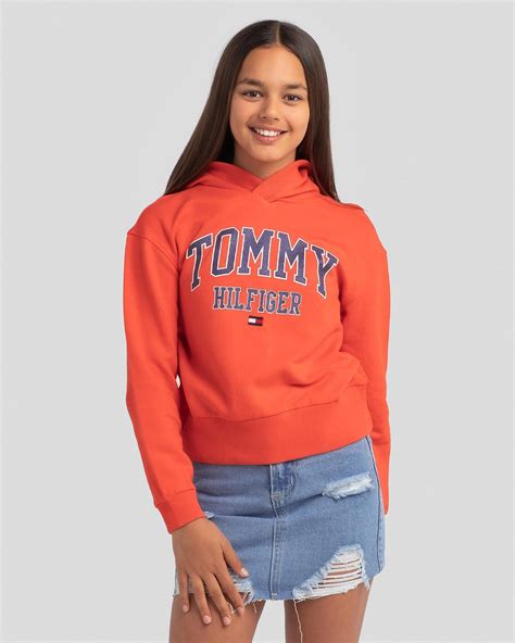 Shop Tommy Hilfiger Girls' Essential Varsity Hoodie In Daring Scarlet ...