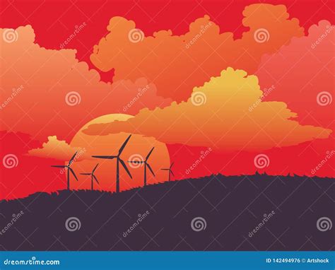 Wind Turbines In The Field Stock Vector Illustration Of Power 142494976