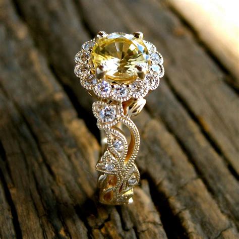 Yellow Sapphire Engagement Ring In 14k Yellow Gold With Diamonds In Leafs And Flower Blossoms