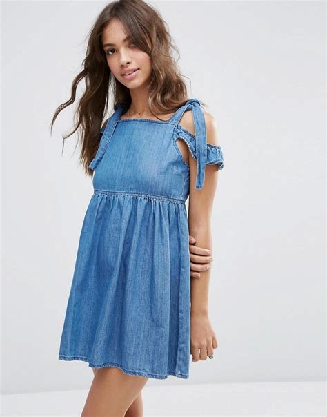 Asos Asos Denim Cold Shoulder Smock Dress In Mid Wash Blue At Asos