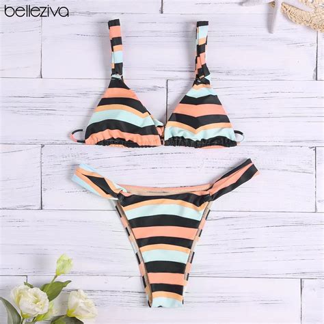 Belleziva Sexy Push Up Padded Bikini Set Shoulder Strap Colorful Stripe