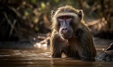 Photo of Chacma Baboon Sitting in Water in Its Natural Habitat ...