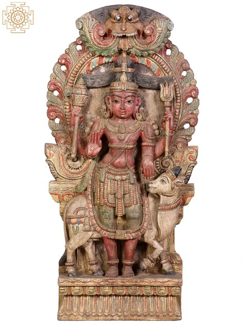 Large Wooden Lord Shiva With Nandi Standing On Kirtimukha Throne