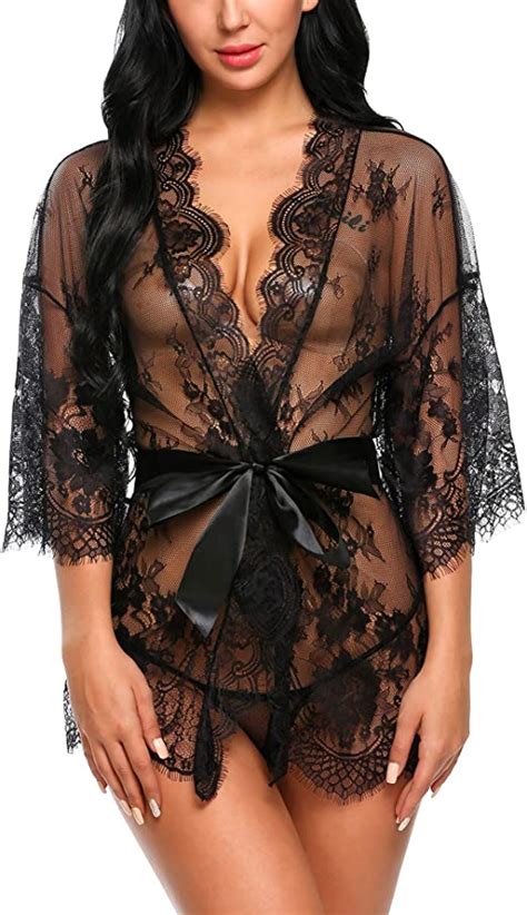 Avidlove Women S Lace Kimono Robe Babydoll Lingerie Mesh Nightgown S