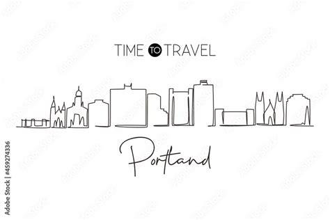 Continuous One Line Drawing Portland City Skyline Maine Historical