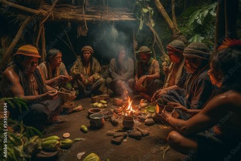 Ayahuasca Ceremony Peyote Mescaline Trip Group Of People At Night Near