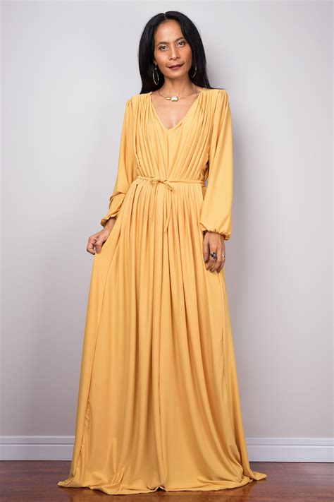 Yellow Dress Evening Maxi Dress Dress Long Sleeves Pleated - Etsy