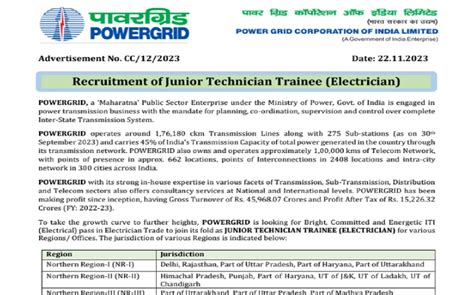 PGCIL Recruitment 2023 For Junior Technician Trainee Posts MYOJASUPDATE