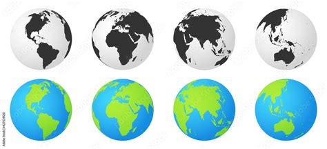 Set of Earth globes with continents. Monochrome and colorful world map symbol. Globe worldmap ...