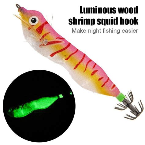 Mm Led Luminous Wood Shrimp Bait Squid Jigs Hook Fishing Lures Pink