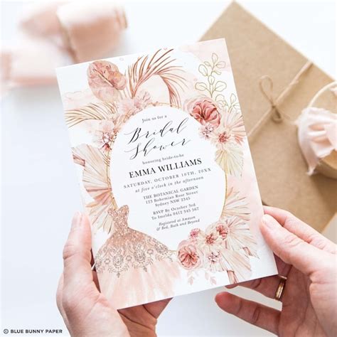 Blush Pampas Bridal Shower Invitation Boho Dried Palm Wedding Shower