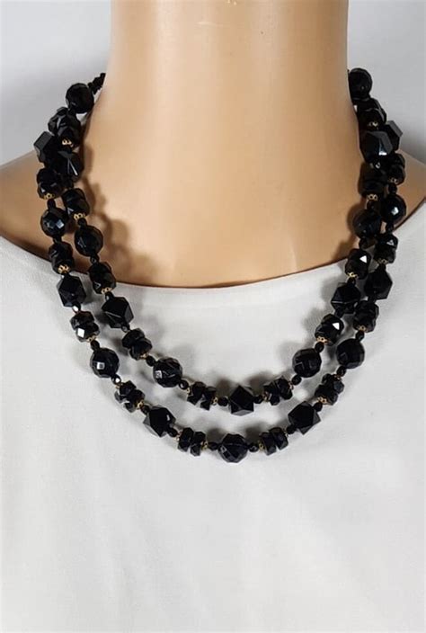 Lovely 1950s Double Strand Black Bakelite Beaded Neck Gem