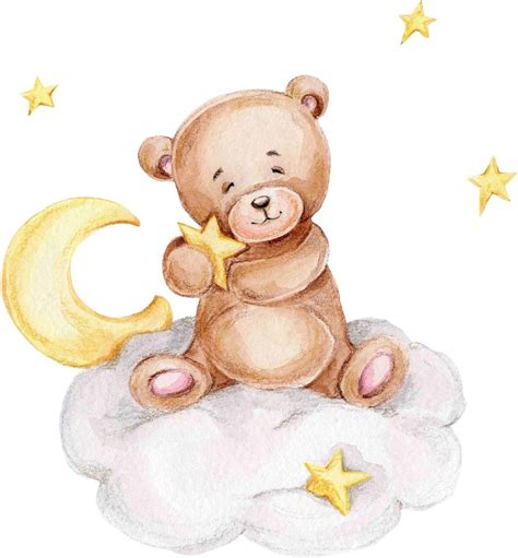 Cute Teddy Bear Sitting On The Cloud With Stars Watercolor Hand Drawn