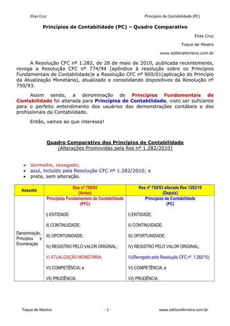 Pdf Quadro Comparativo Dos Princ Pios De Contabilidade Art