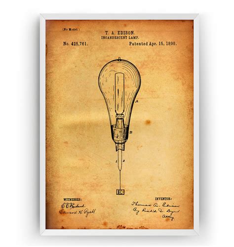 Thomas Edison Incandescent Light Bulb 1890 Patent Print Wall Etsy Uk