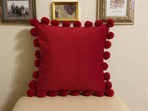 Red Pillow Cover With Pom Poms Red Pom Pom Pillow Case Red Etsy