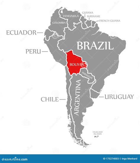 Bolivia Red Highlighted in Continent Map of South America Stock
