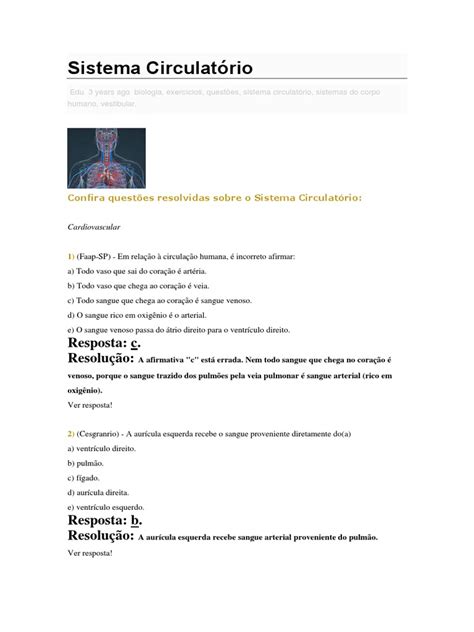 Sistema Circulatório - Exercicios Com Gabaritos | PDF | Coração ...