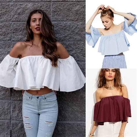 New Womens Blouse White Flare Wide Sleeve Shoulderless Solid Tank Tops Off shoulder Crop Top ...