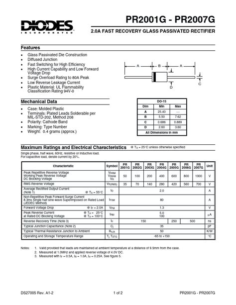 PR2007G Datasheet 2 0A FAST RECOVERY GLASS PASSIVATED RECTIFIER