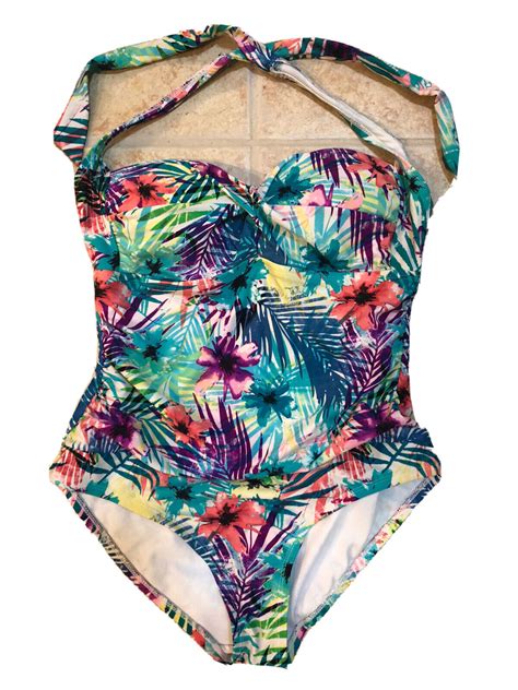 Catalina One Piece Halter Swim Suit Womens Sz S White Multicolor