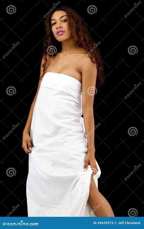 Attractive Latina Woman Bare Shoulders Wearing White Sheet Stock Image Image Of Attractive