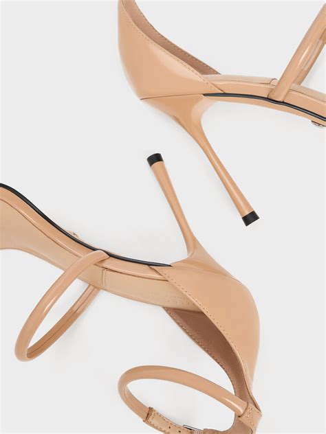 Nude Patent Leather Triple Strap Heeled Sandals Charles And Keith Lt